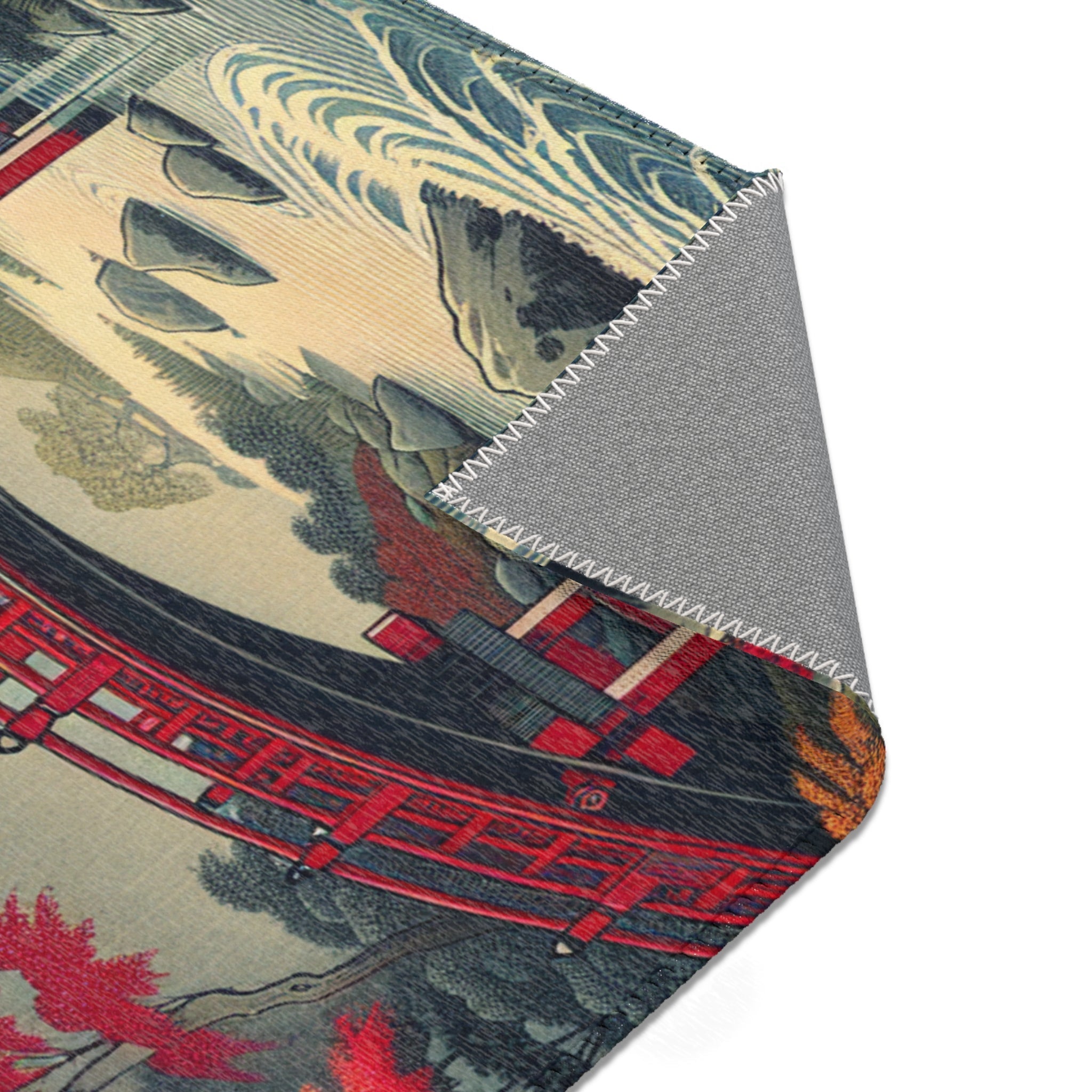 Japanese Aesthetic Area Rug with Red Bridge and Pagoda Scene