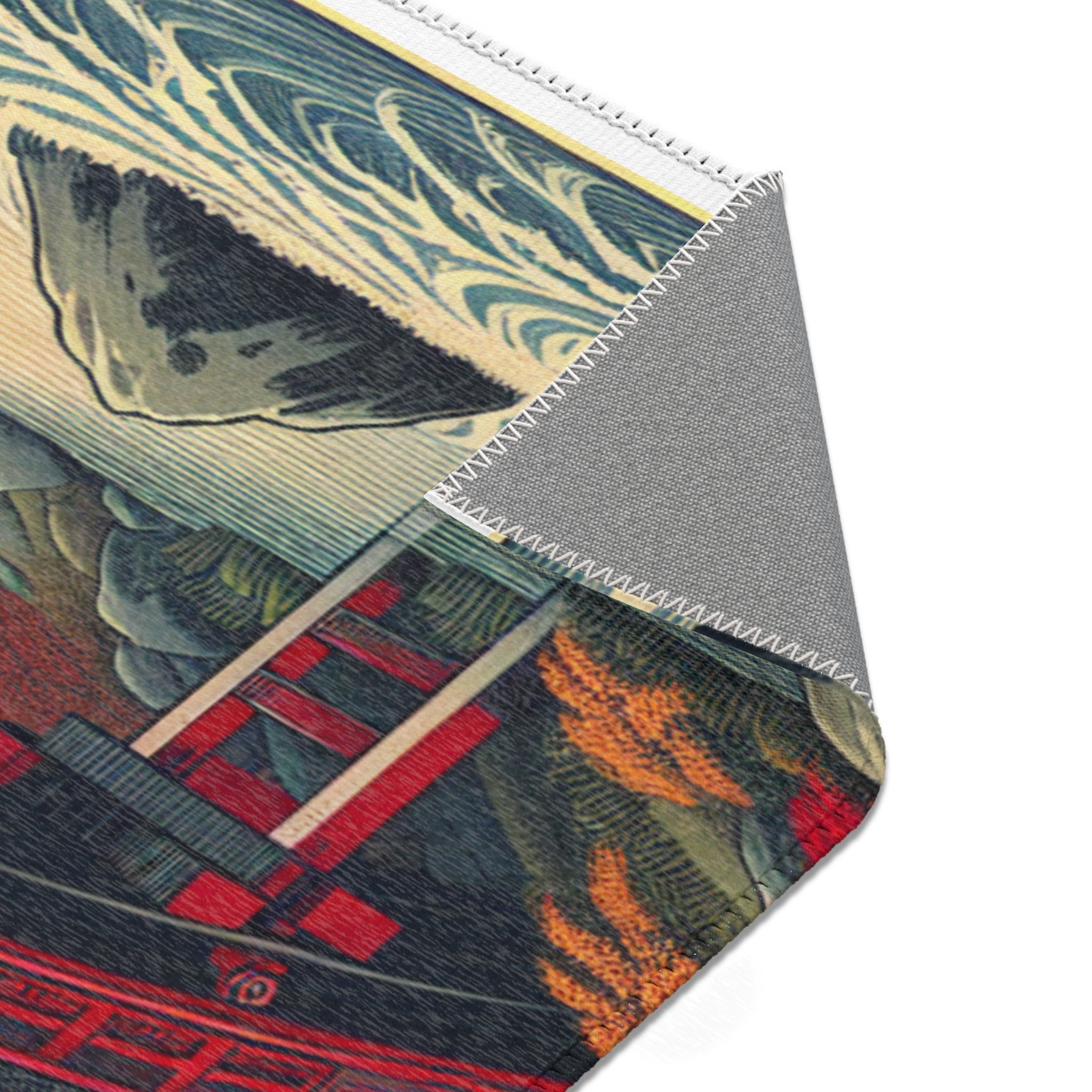 Japanese Aesthetic Area Rug with Red Bridge and Pagoda Scene