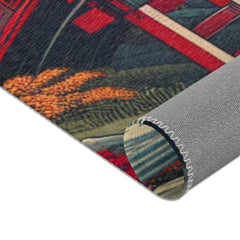 Japanese Aesthetic Area Rug with Red Bridge and Pagoda Scene