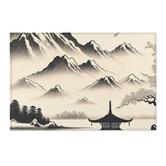 Japanese Art Distinct Area Rug with Serene Ink Landscape