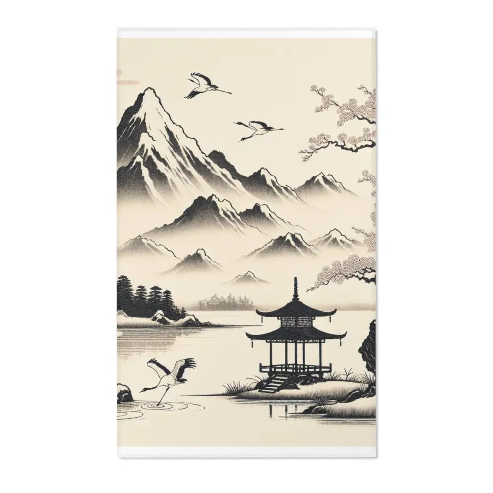 Japanese Art Distinct Area Rug with Serene Ink Landscape