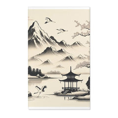 Japanese Art Distinct Area Rug with Serene Ink Landscape