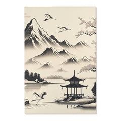 Japanese Art Distinct Area Rug with Serene Ink Landscape