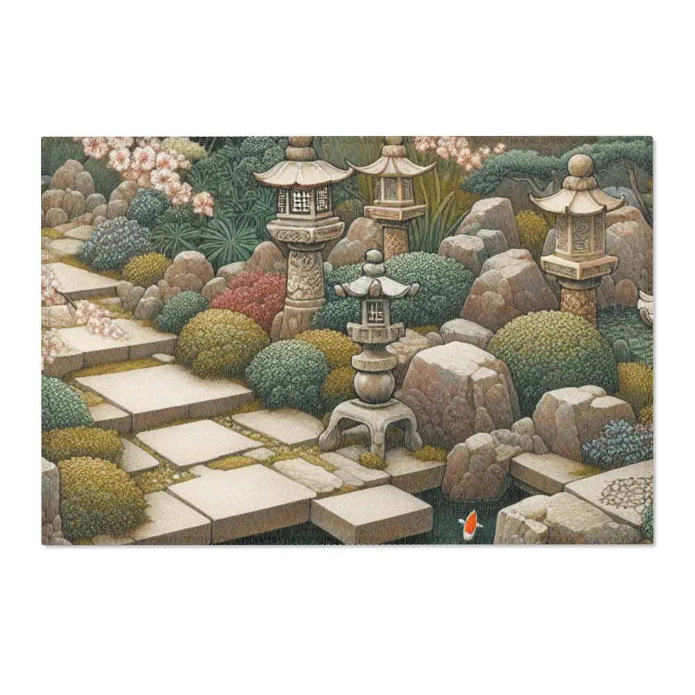 Japanese Art Inspired Area Rug with Cherry Blossoms and Koi