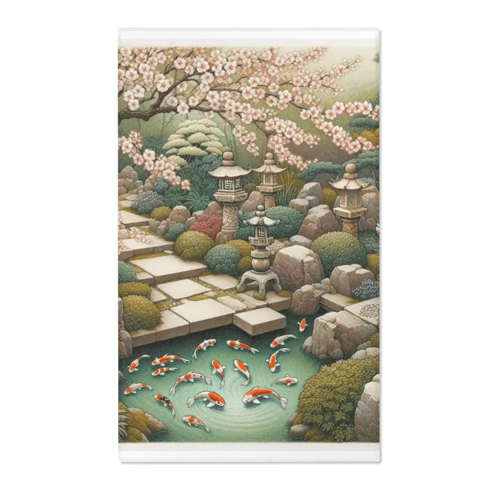 Japanese Art Inspired Area Rug with Cherry Blossoms and Koi