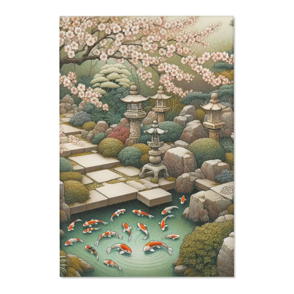 Japanese Art Inspired Area Rug with Cherry Blossoms and Koi