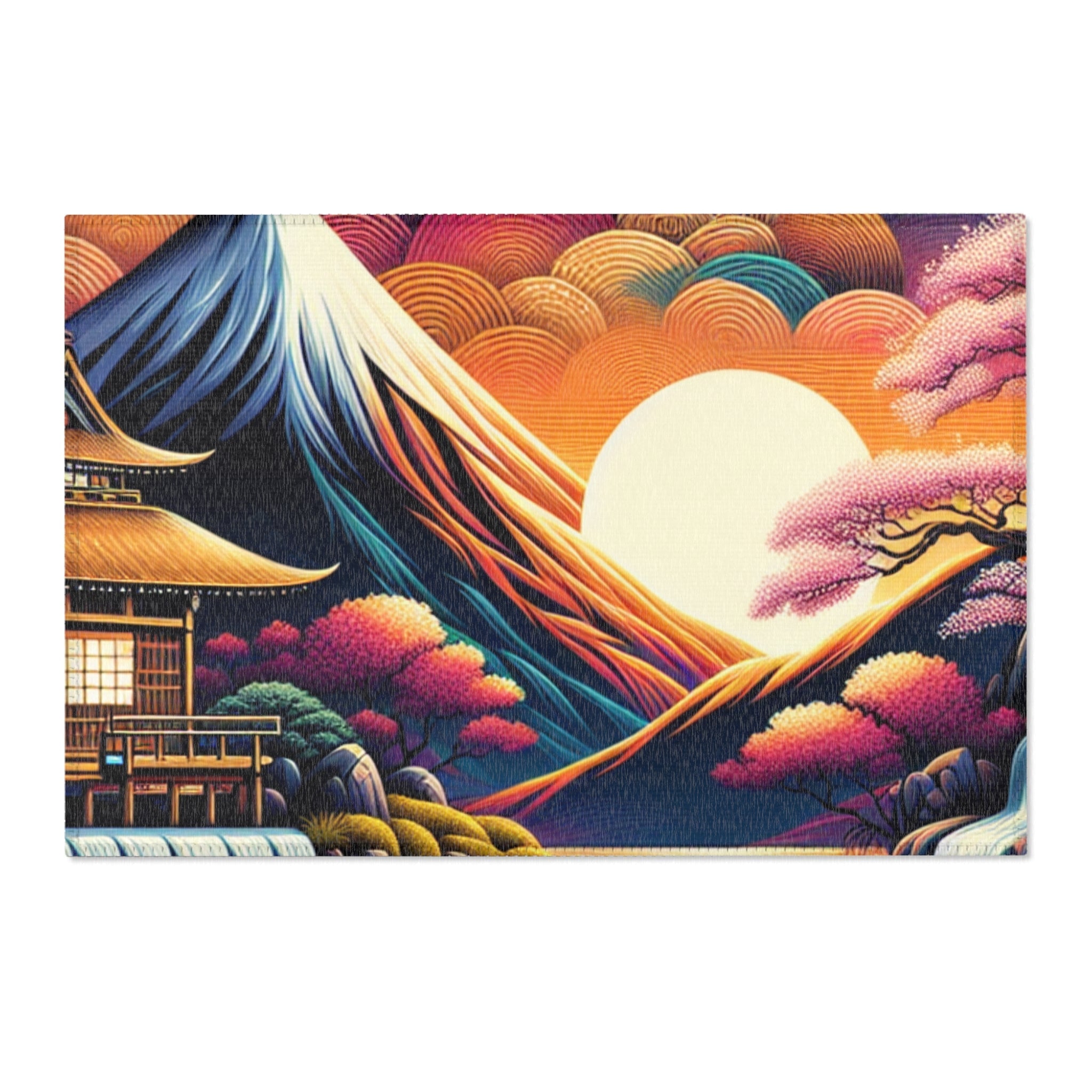 Japanese Artwork Area Rug with Cherry Blossom and Waterfall