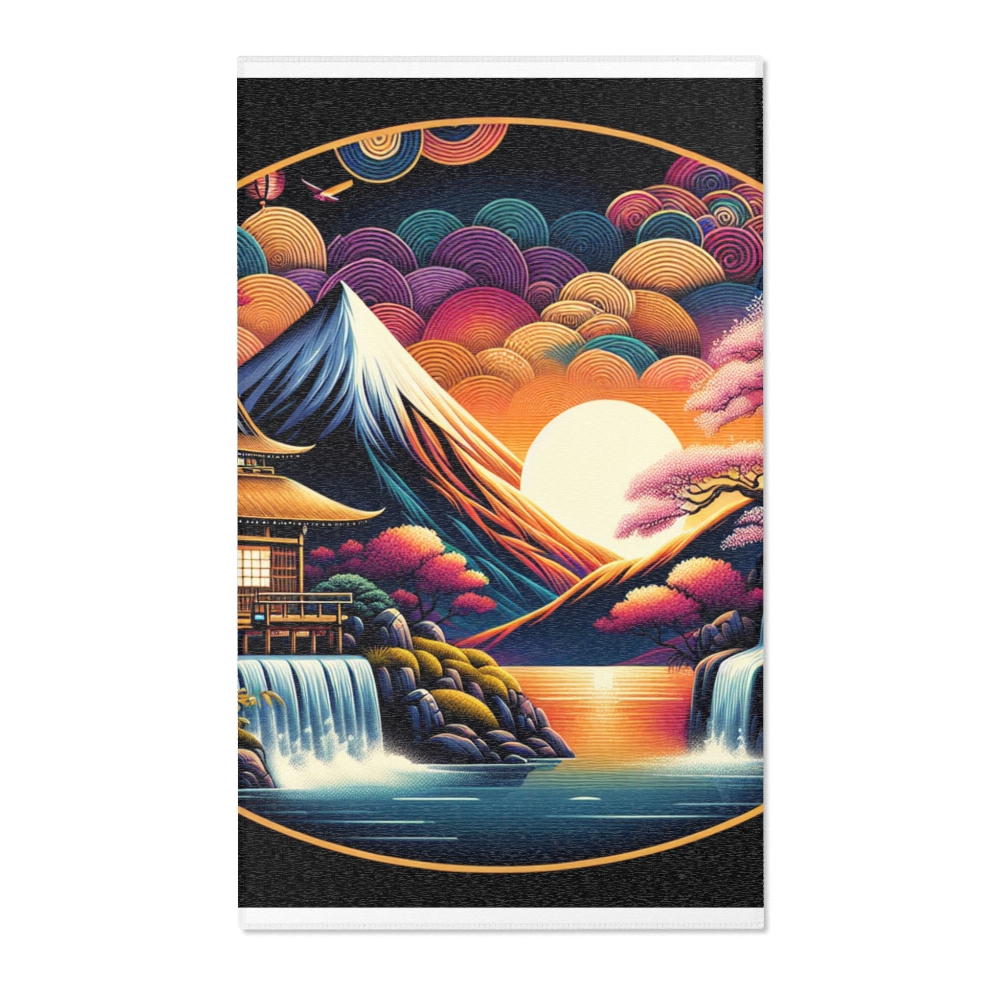 Japanese Artwork Area Rug with Cherry Blossom and Waterfall