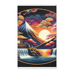 Japanese Artwork Area Rug with Cherry Blossom and Waterfall