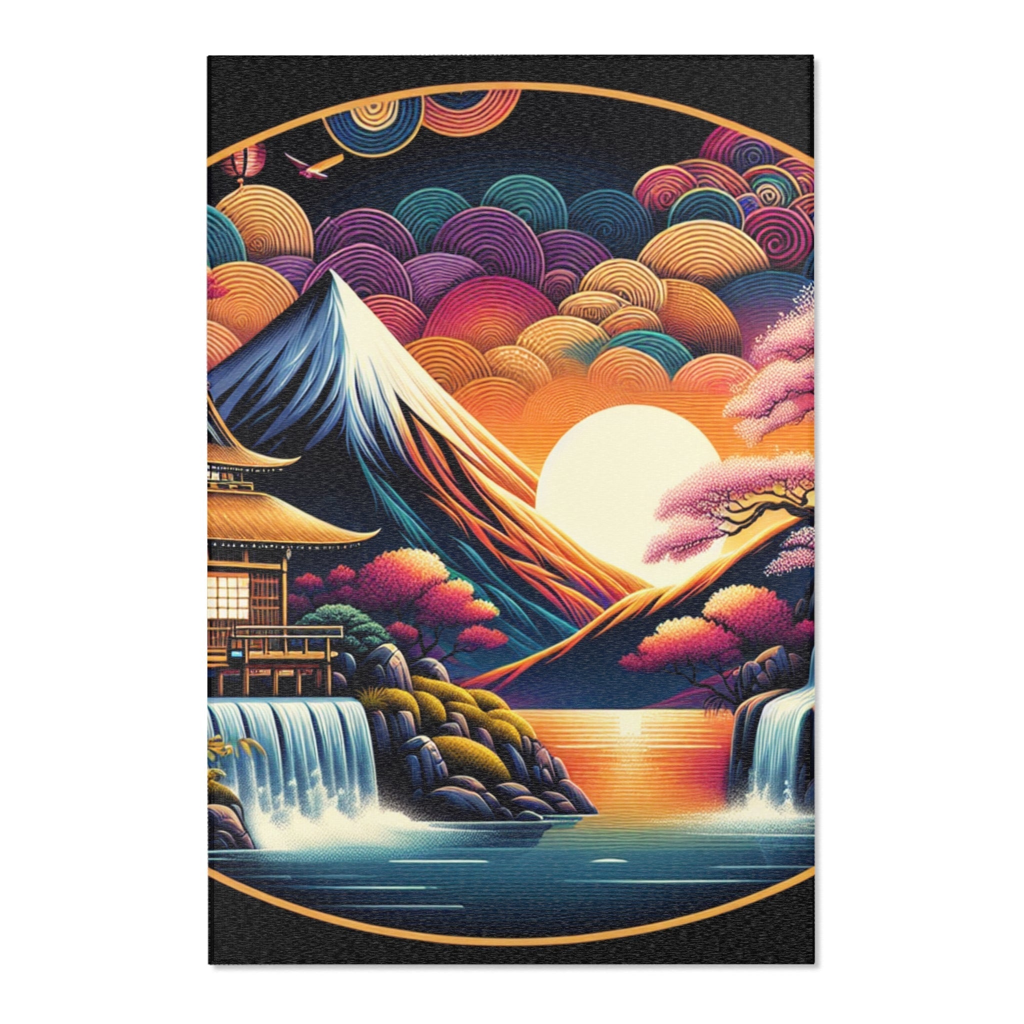 Japanese Artwork Area Rug with Cherry Blossom and Waterfall