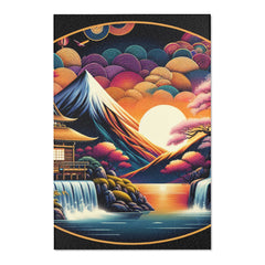 Japanese Artwork Area Rug with Cherry Blossom and Waterfall