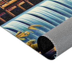 Japanese Artwork Area Rug with Cherry Blossom and Waterfall