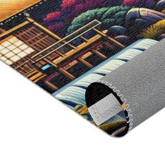 Japanese Artwork Area Rug with Cherry Blossom and Waterfall