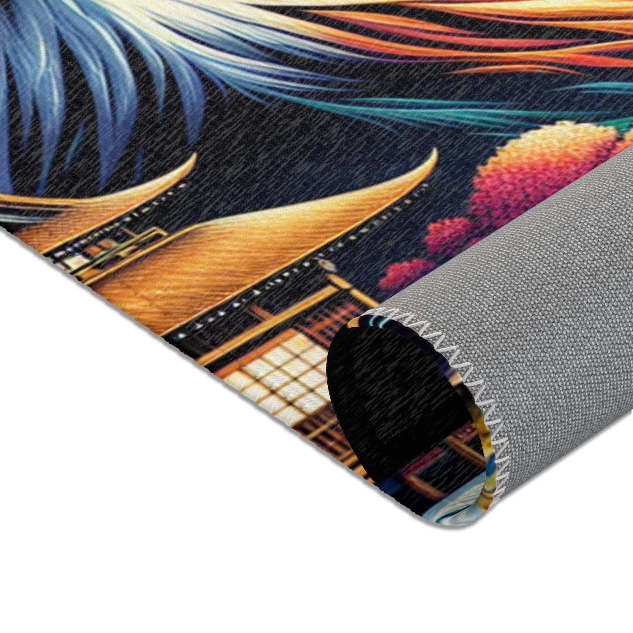 Japanese Artwork Area Rug with Cherry Blossom and Waterfall