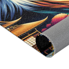 Japanese Artwork Area Rug with Cherry Blossom and Waterfall