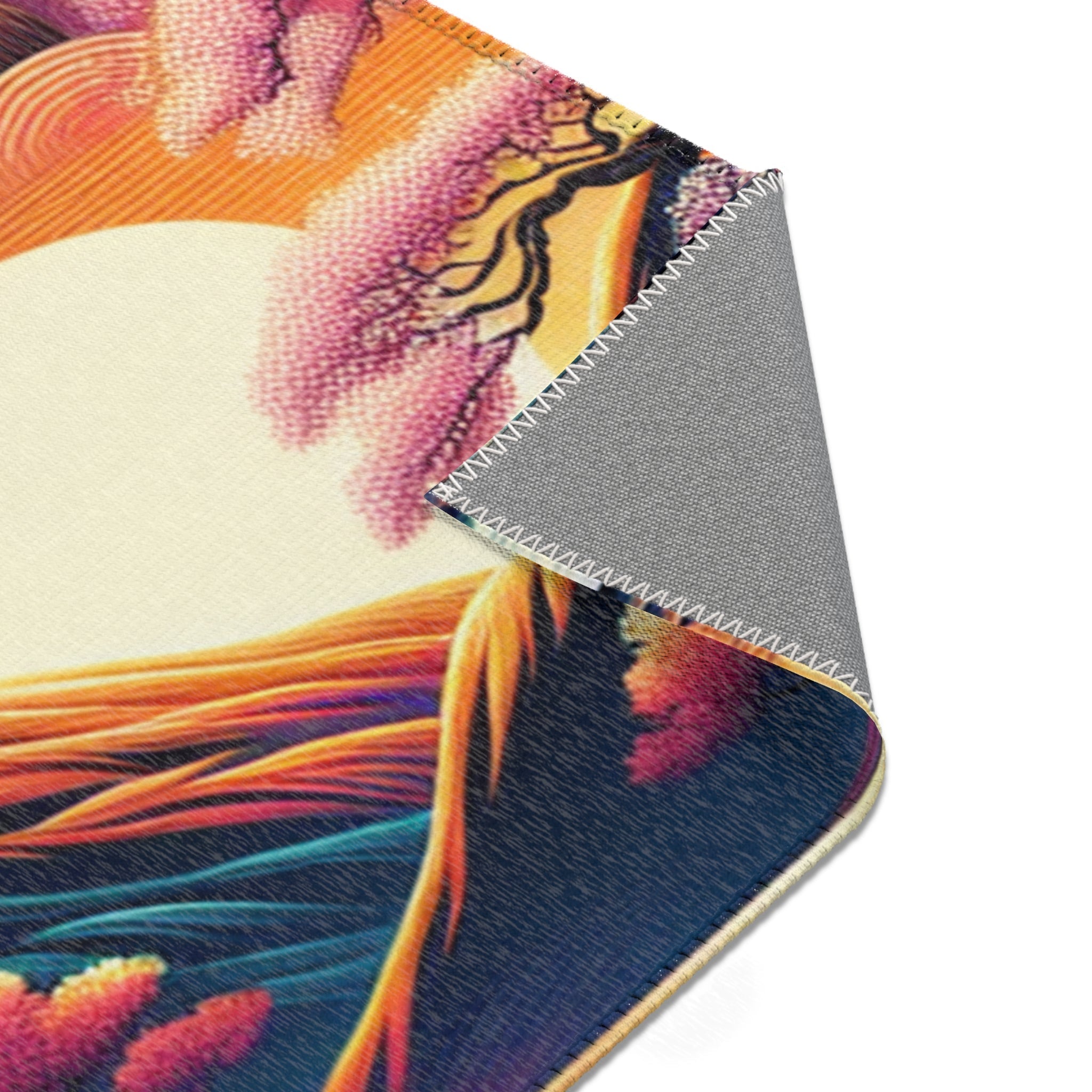 Japanese Artwork Area Rug with Cherry Blossom and Waterfall