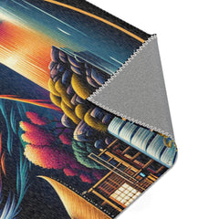 Japanese Artwork Area Rug with Cherry Blossom and Waterfall