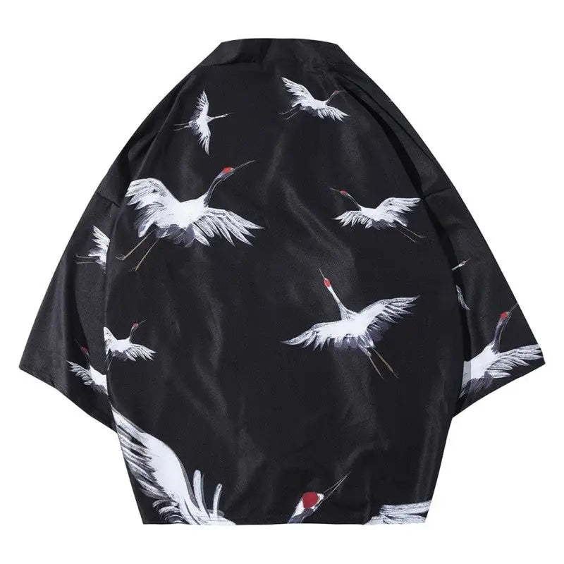 Japanese Cranes 3/4 Sleeve Kimono - Black / M - KIMONO