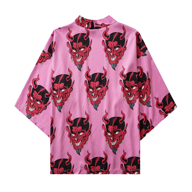 Japanese Demon 3/4 Sleeve Kimono - Pink / M - KIMONO