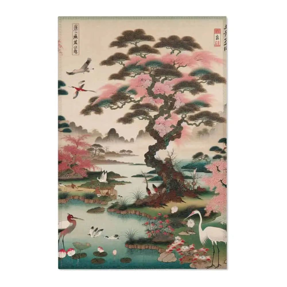 Japanese Edo-Inspired Silk Area Rug with Cherry Blossom