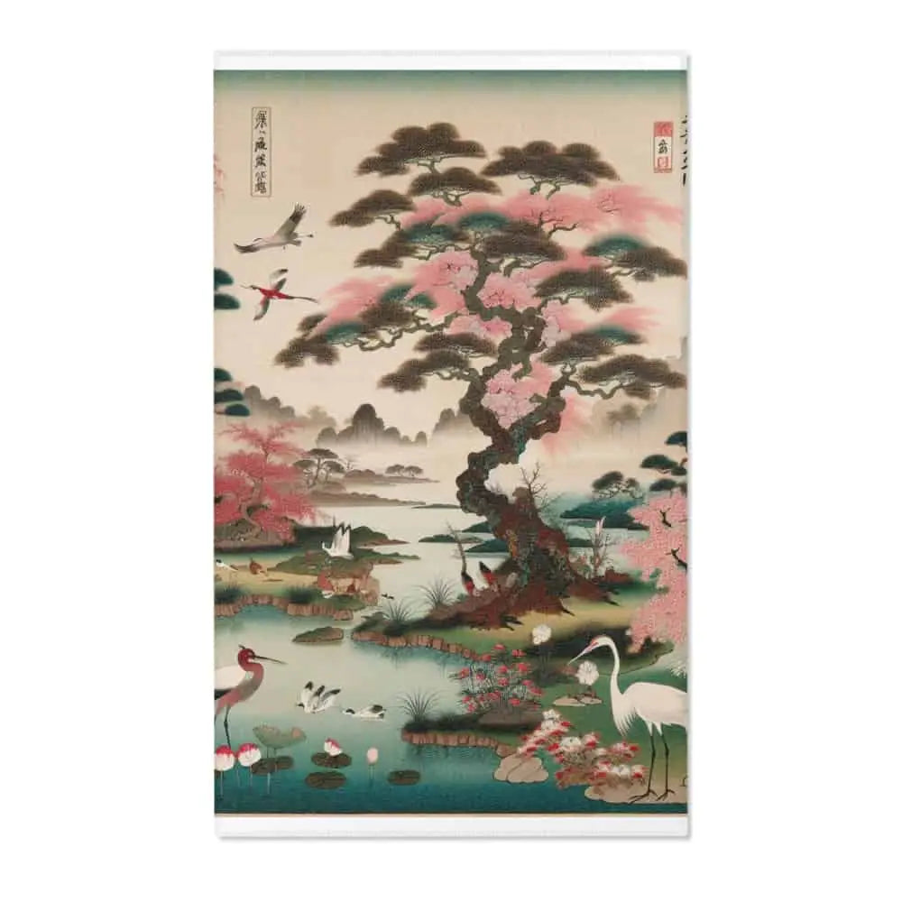 Japanese Edo-Inspired Silk Area Rug with Cherry Blossom