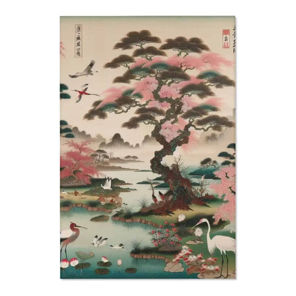 Japanese Edo-Inspired Silk Area Rug with Cherry Blossom