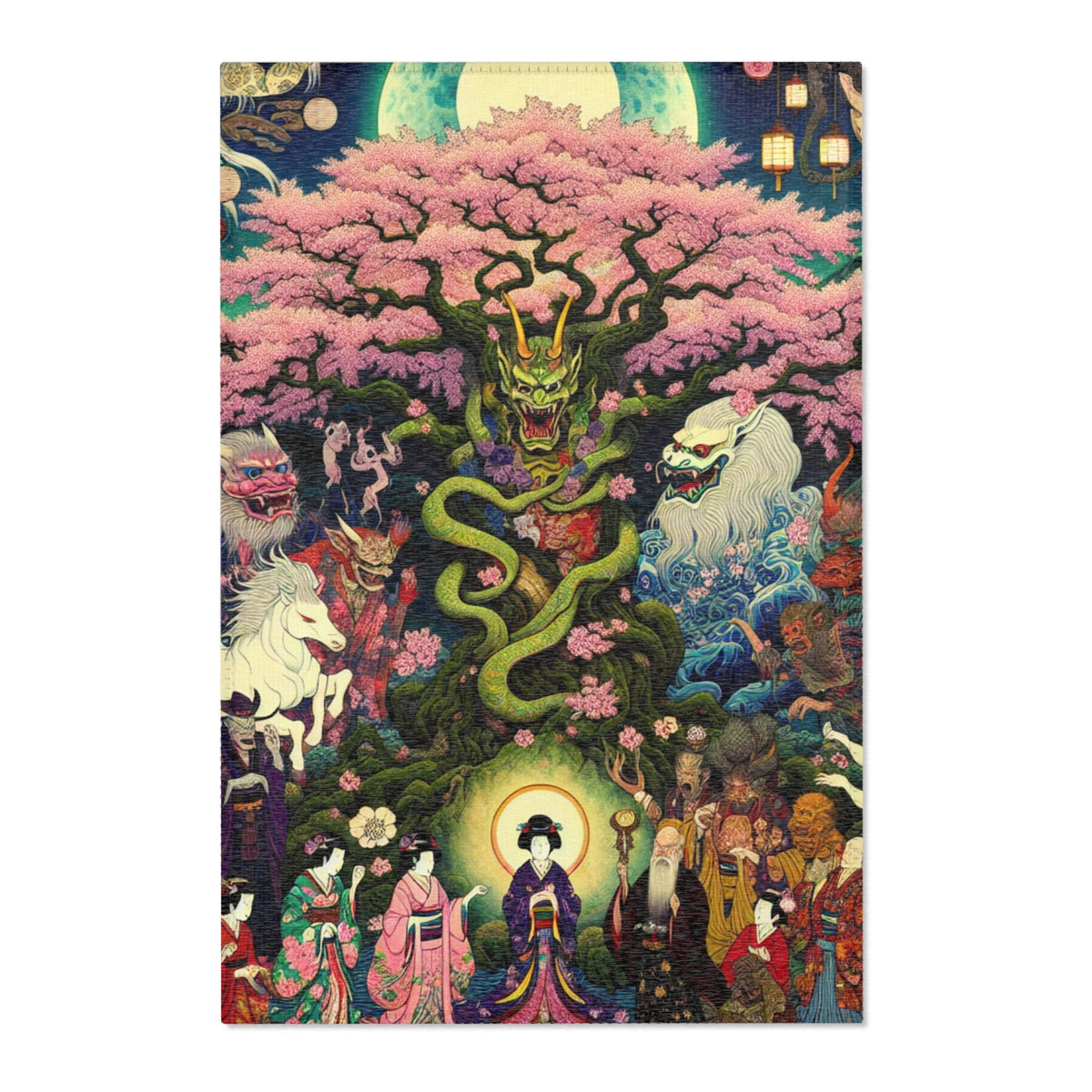 Japanese Folklore Area Rug with Cherry Blossom Design 24’’