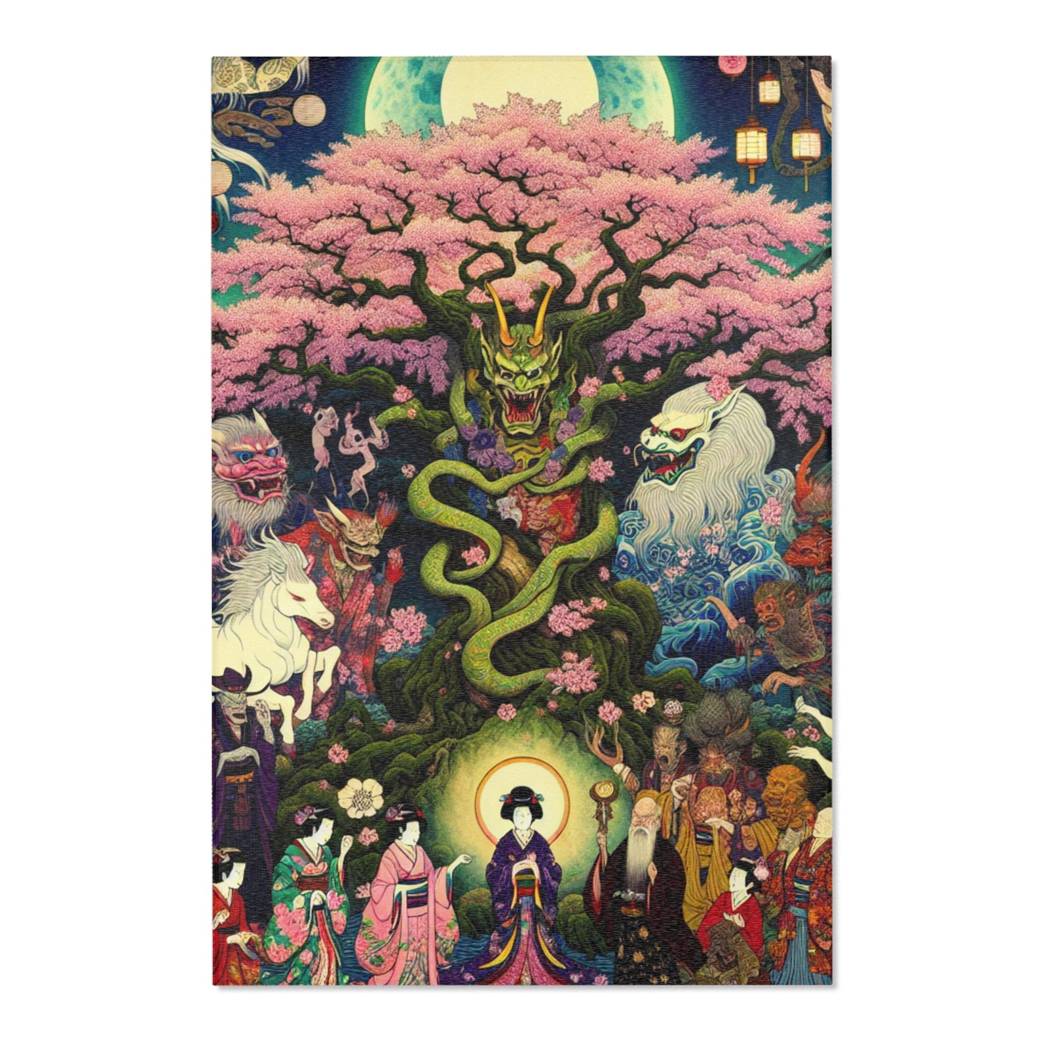 Japanese Folklore Area Rug with Cherry Blossom Design 48’’
