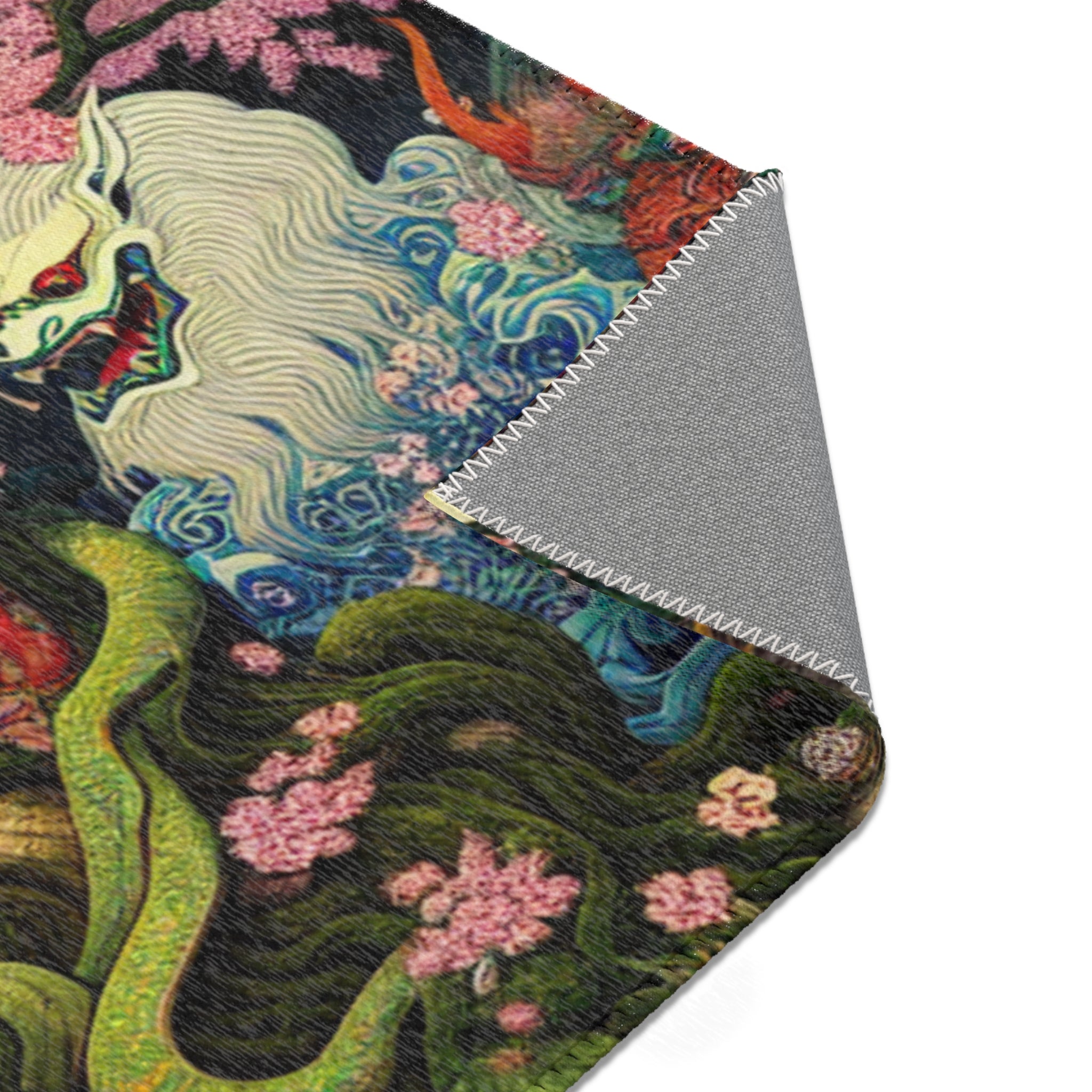 Japanese Folklore Area Rug with Cherry Blossom Design