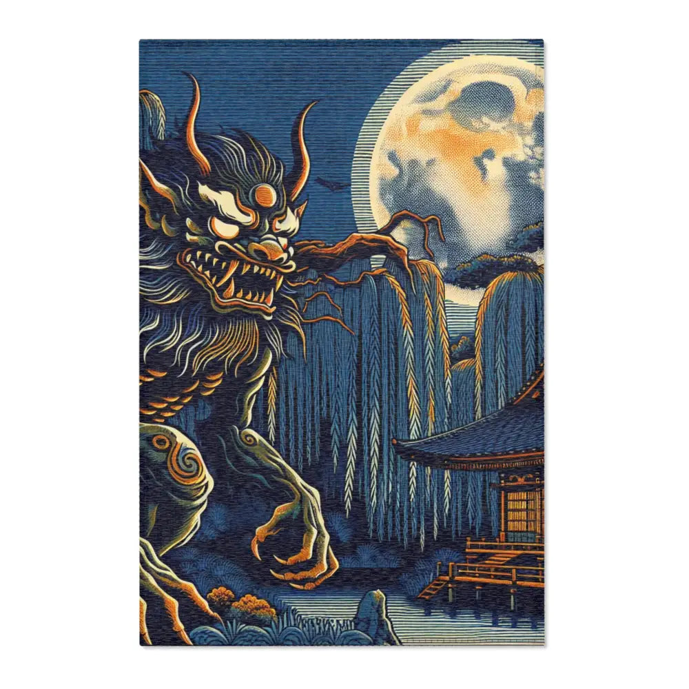 Japanese Folklore Yokai Area Rug Moonlit Landscape Design