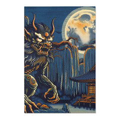 Japanese Folklore Yokai Area Rug Moonlit Landscape Design