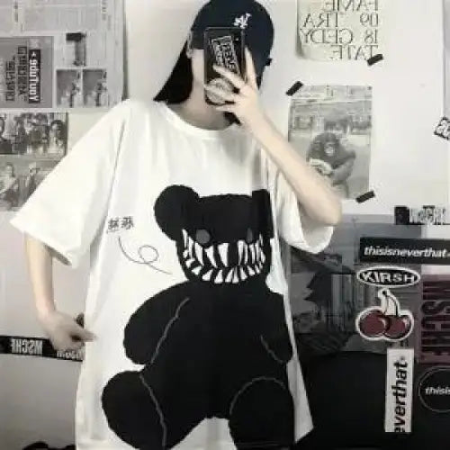 Japanese Harajuku Bear Loose Oversized T-Shirt - White / L