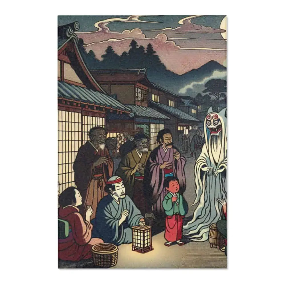 Japanese-Inspired Area Rug with Moonlit Village Design 48’’