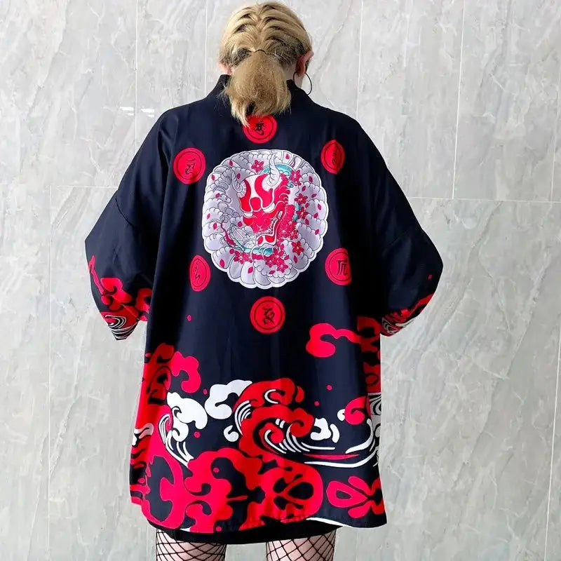 Japanese Kimono Cardigan Cosplay Top Red Waves / One Size