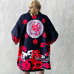 Japanese Kimono Cardigan Cosplay Top Red Waves / One Size
