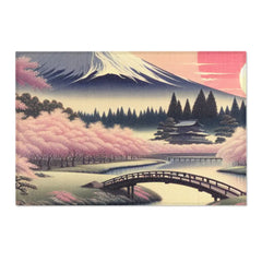 Japanese Landscape Area Rug with Mount Fuji and Cherry