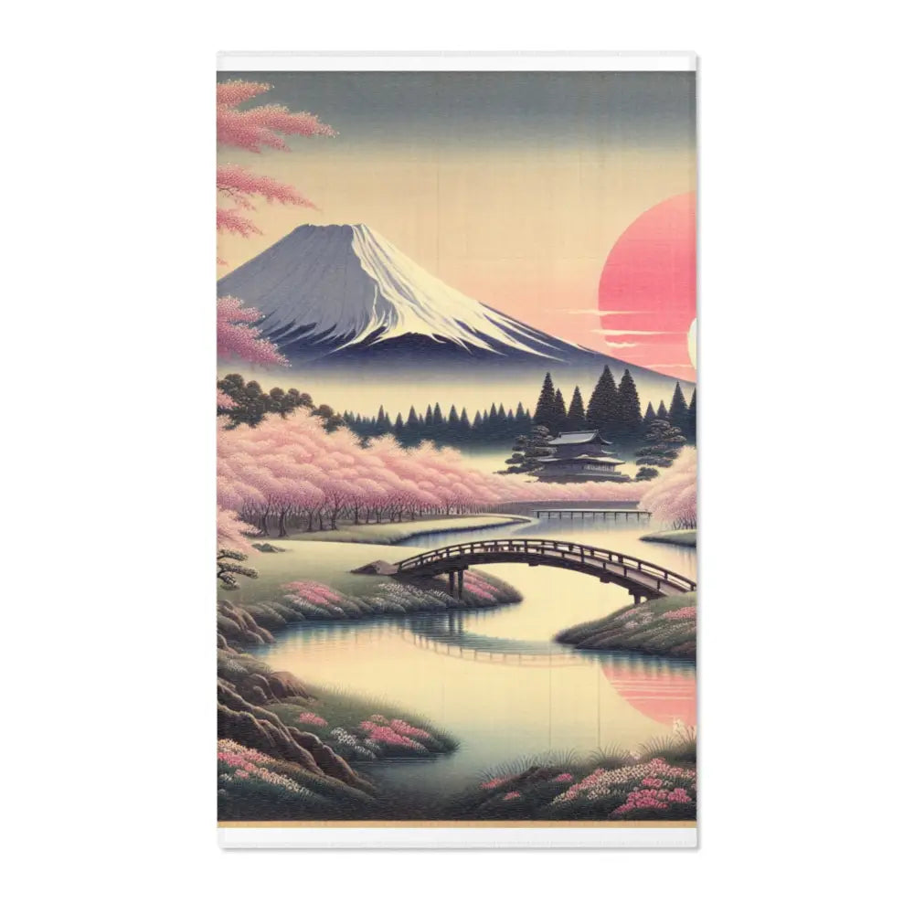 Japanese Landscape Area Rug with Mount Fuji and Cherry