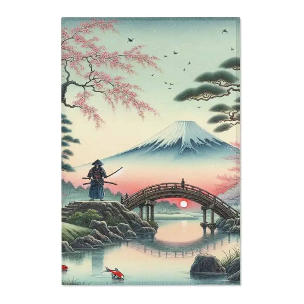 Japanese Landscape Artwork Area Rug with Koi Pond