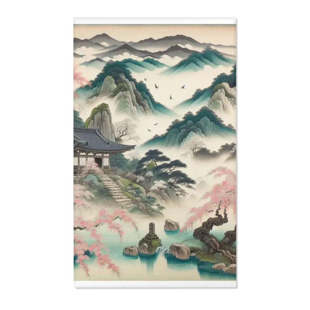 Japanese Silk Area Rug with Misty Mountains and Cherry