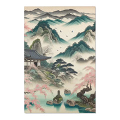 Japanese Silk Area Rug with Misty Mountains and Cherry