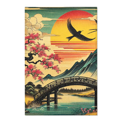 Japanese-Style Area Rug with Cherry Blossom and Mountain
