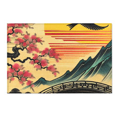 Japanese-Style Area Rug with Cherry Blossom and Mountain