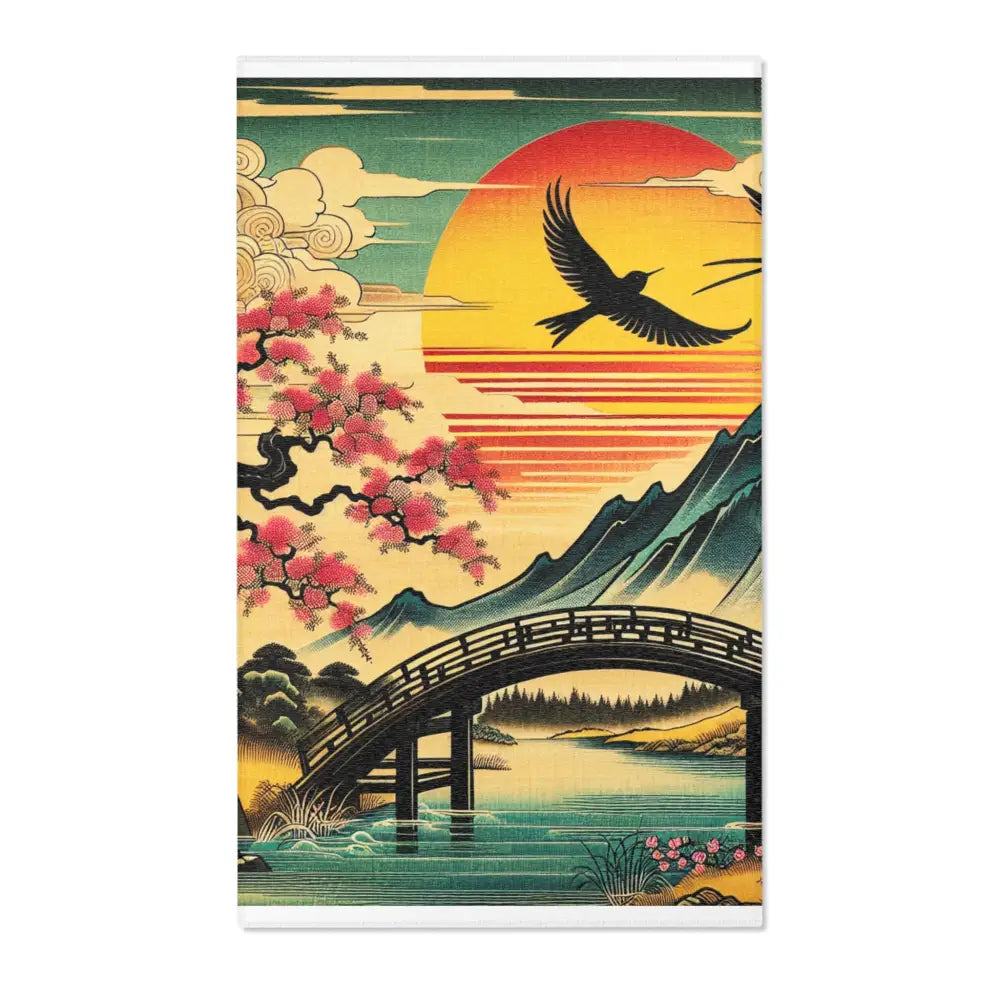 Japanese-Style Area Rug with Cherry Blossom and Mountain