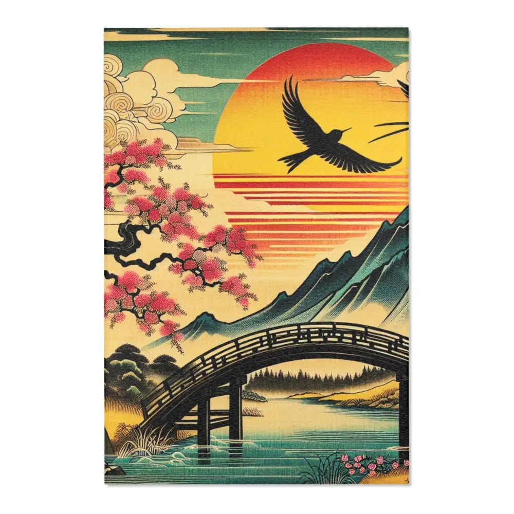 Japanese-Style Area Rug with Cherry Blossom and Mountain