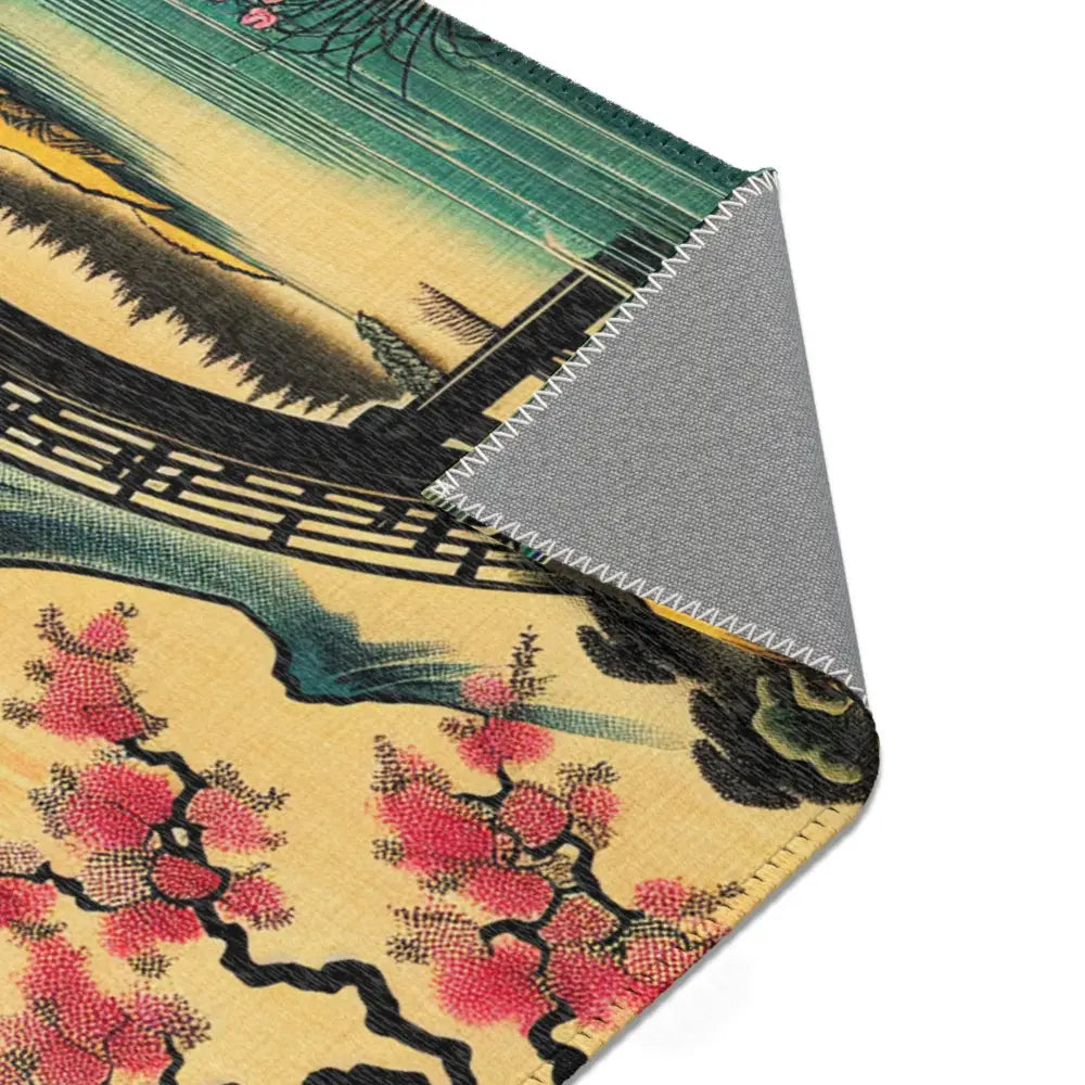 Japanese-Style Area Rug with Cherry Blossom and Mountain