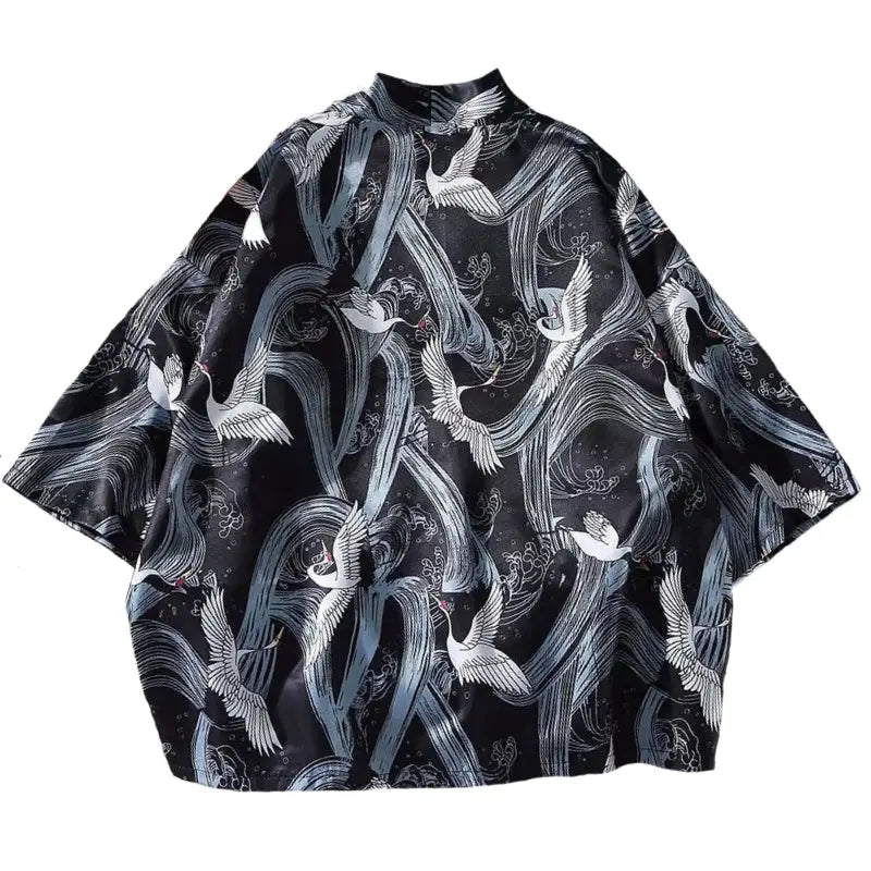 Japanese Style Cranes Kimono 3/4 Sleeve Shirt