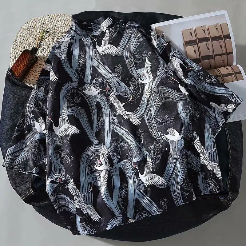 Japanese Style Cranes Kimono 3/4 Sleeve Shirt Black / S