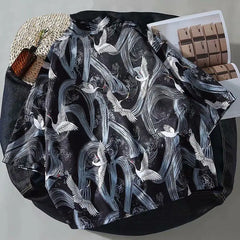 Japanese Style Cranes Kimono 3/4 Sleeve Shirt Black / S