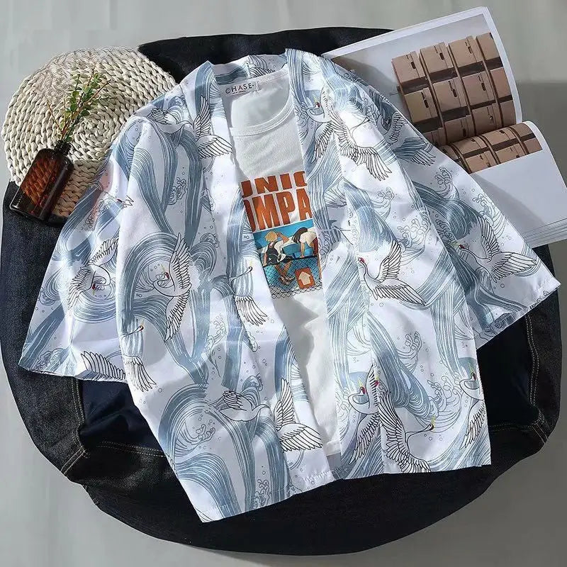 Japanese Style Cranes Kimono 3/4 Sleeve Shirt White / S