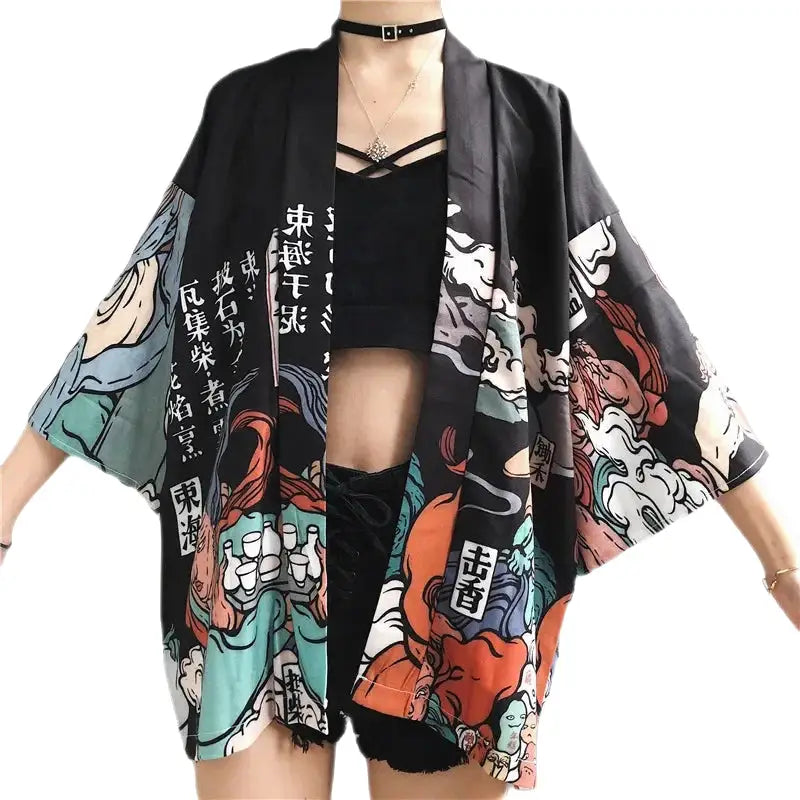 Japanese Style Kimono with Samurai Cat Design